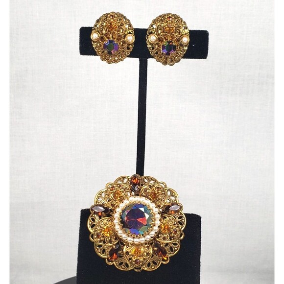 Vtg West Germany Aurora Borealis Amber Topaz Rhinestone Faux Pearl Brooch Set - Picture 3 of 16
